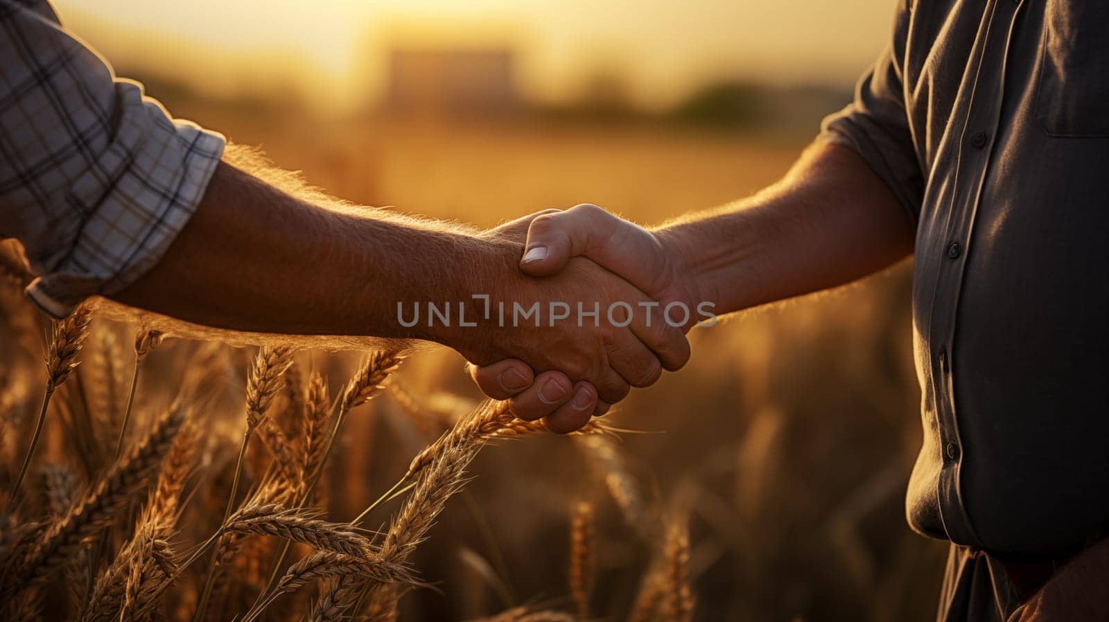 Close up of Handshake of two farmers in shirt against the backdrop of a field with golden wheat by Zakharova