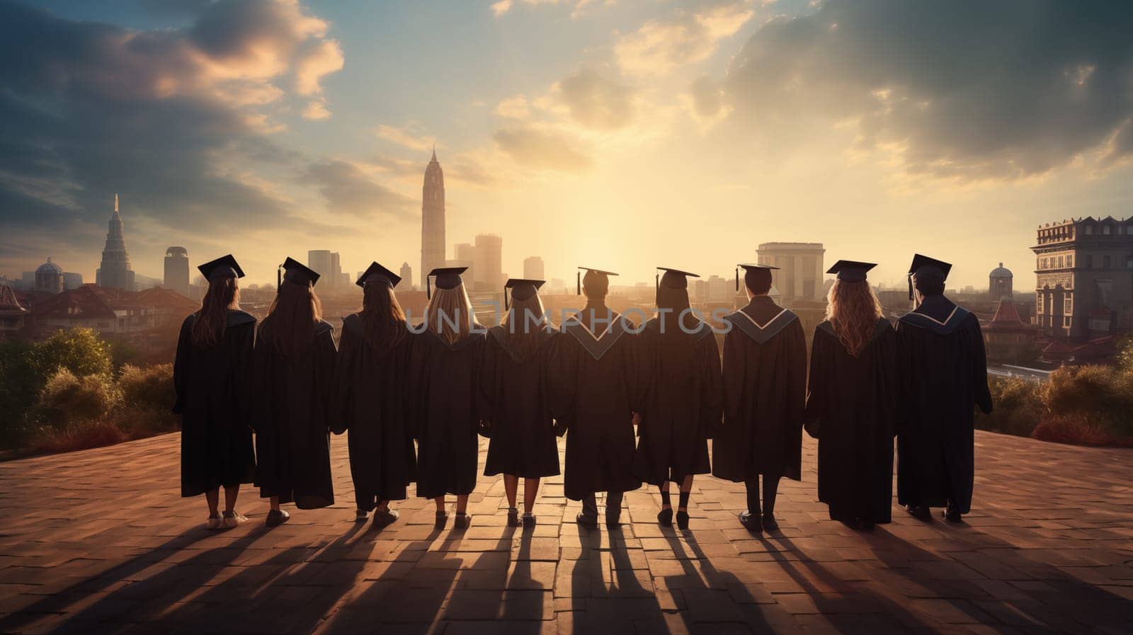 A rear view of a group of graduates, silhouettes standing outdoors, against the sunset by Zakharova