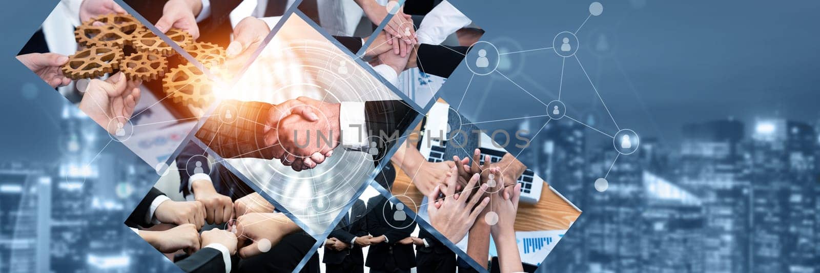 Teamwork and human resources HR management technology concept in corporate business with people group networking to support partnership, trust, teamwork and unity of coworkers in office kudos