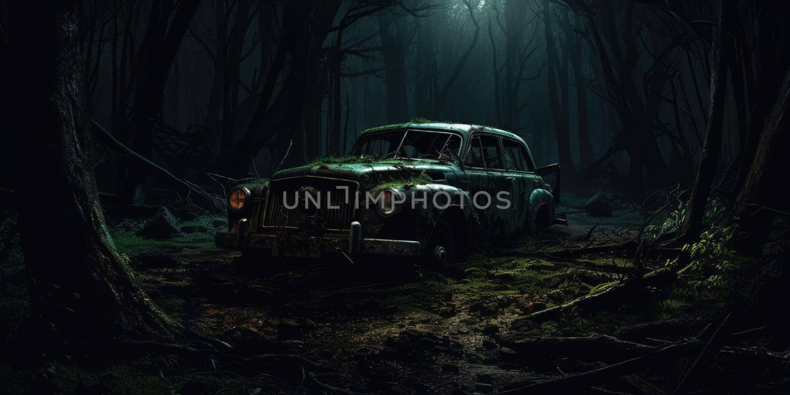 Abondoned car in a dark mystic forest