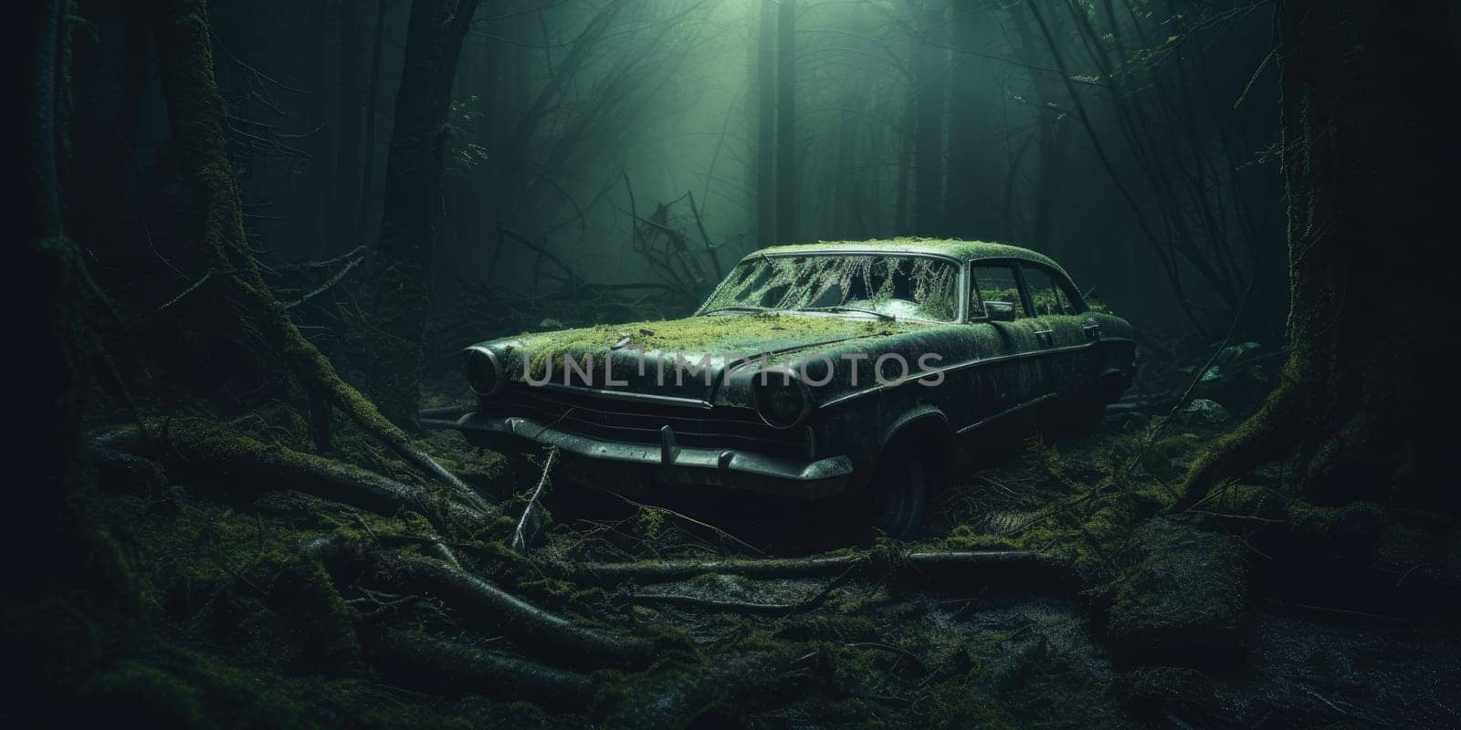 Abondoned car in a dark mystic forest
