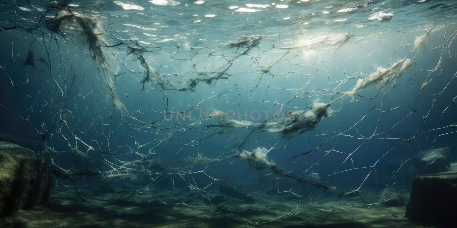 A huge fish net underwater, fishing concept
