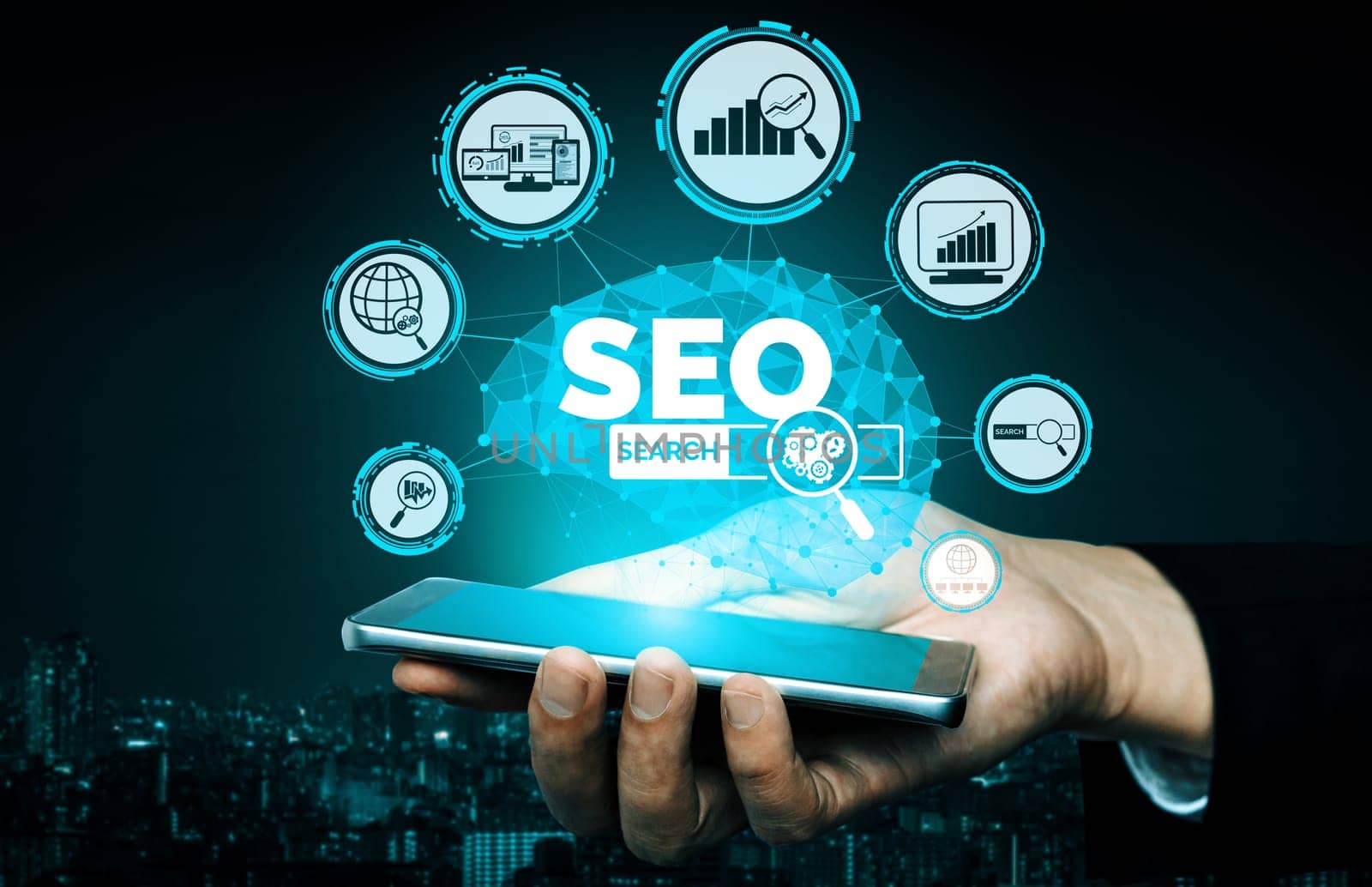 SEO - Search Engine Optimization for Online Marketing Concept. Modern interface showing symbol of keyword research website promotion by optimize customer searching and analyze market strategy. uds