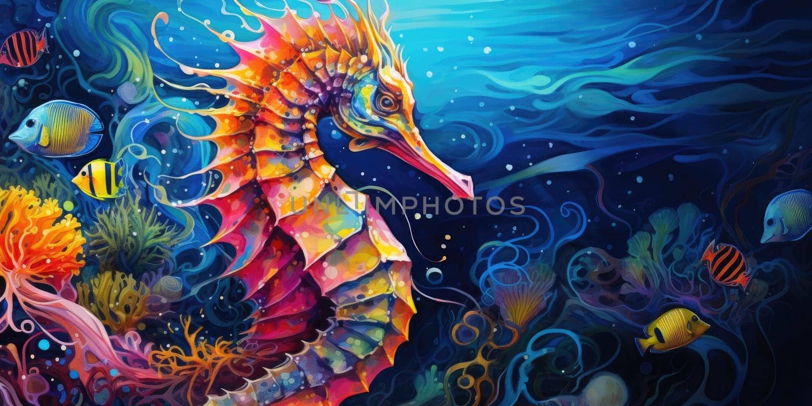 Beautiful, colorful seahorse as illustration in the sea, underwater by Kadula