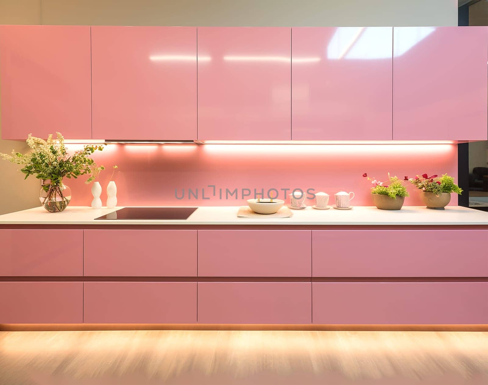 Interior of stylish modern kitchen. Empty pink marble table in beautiful kitchen wooden furniture and plants.. Space for design. Kitchen in sweet pink color. High quality photo