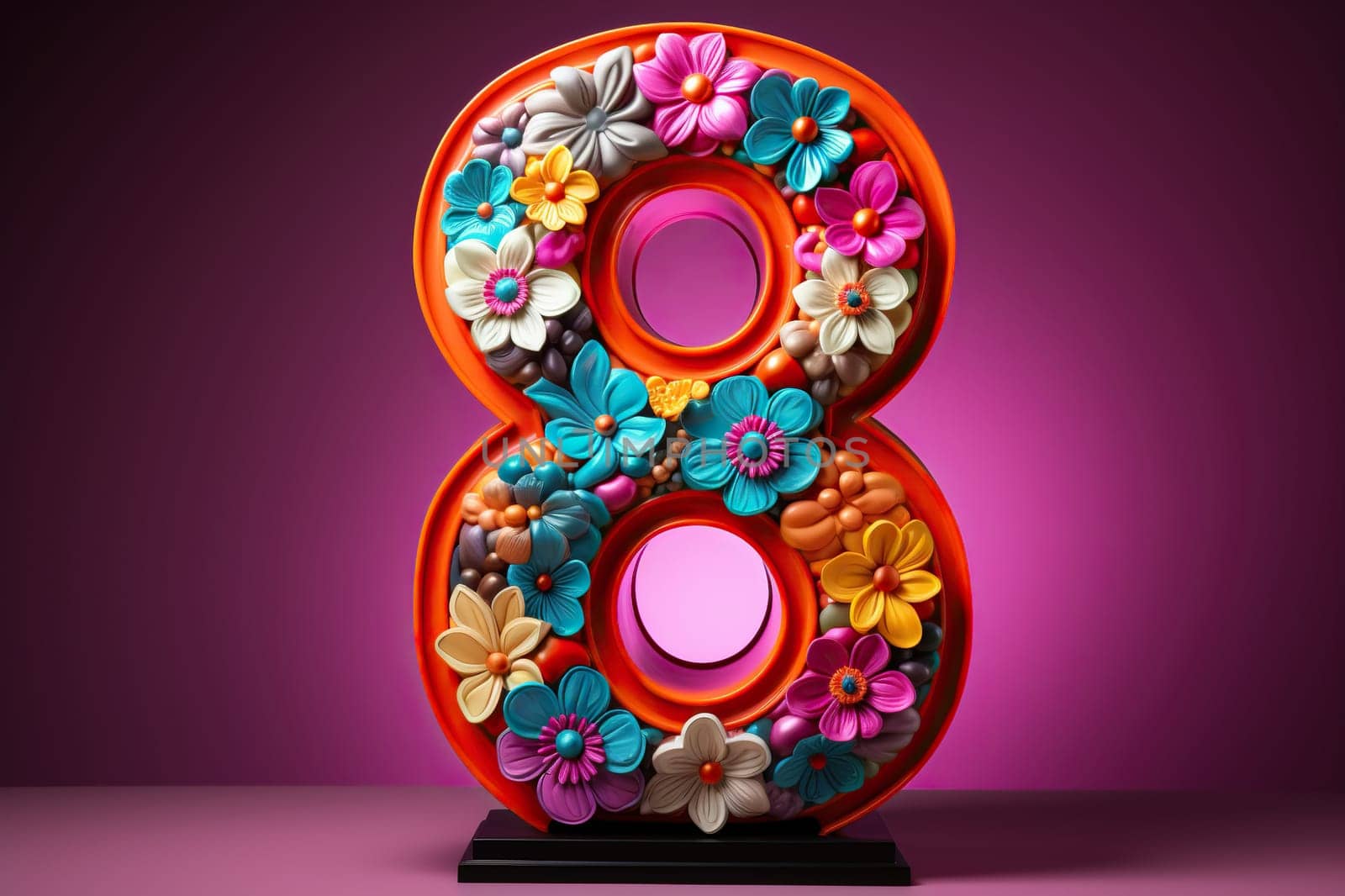 Number 8 with plasticine flowers on a purple background. Women's day, birthday concept.