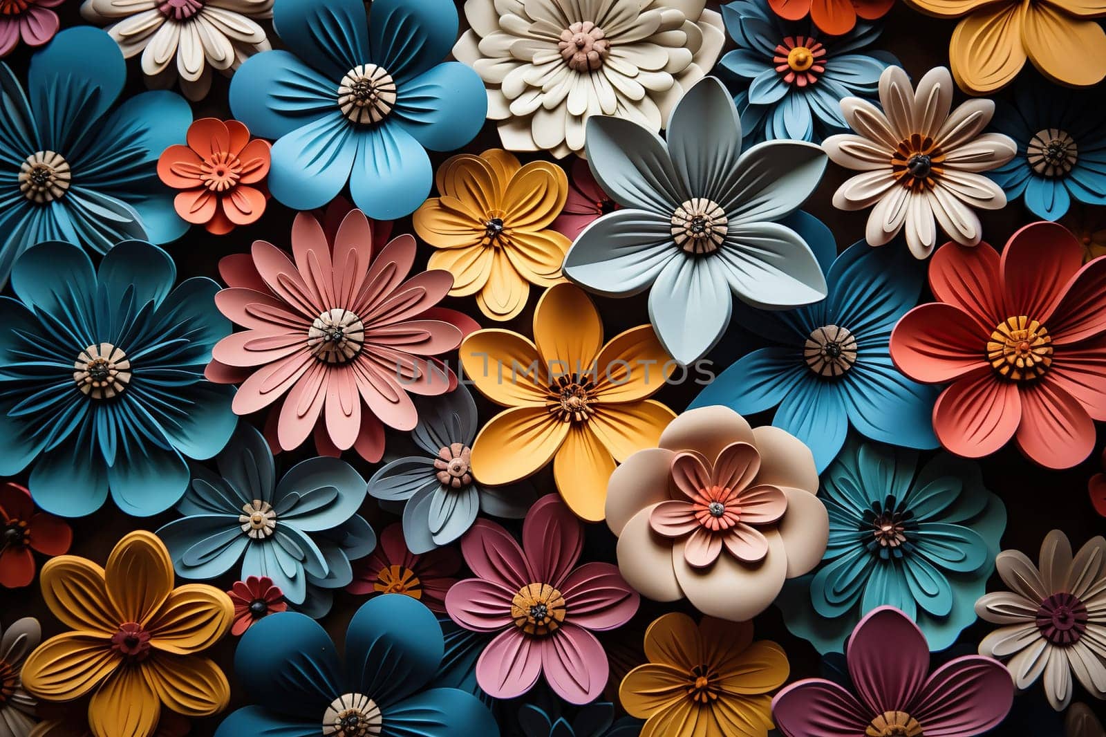 Background of multi-colored flowers cut out of paper. Generated by artificial intelligence by Vovmar