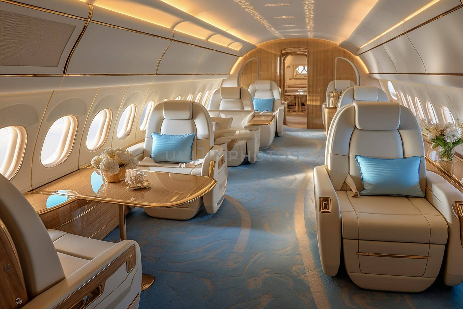 an empty inside luxury premium category plane with a futuristic, modern interior. Concept of expensive life, flying by private plane. Airplane cabin with luxurious interior and furniture.