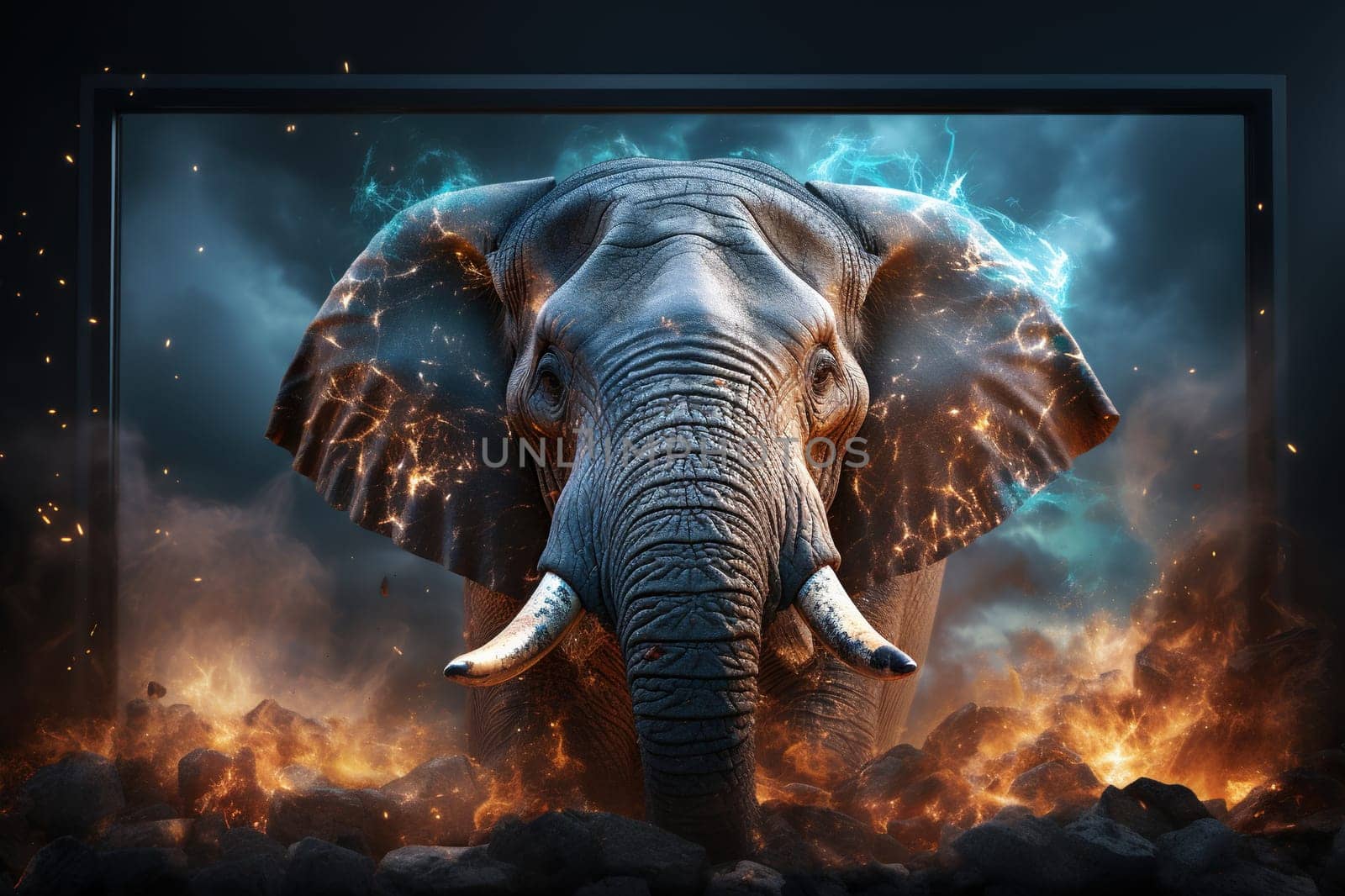 An elephant emerges from the screen of a modern TV. Generated by artificial intelligence by Vovmar