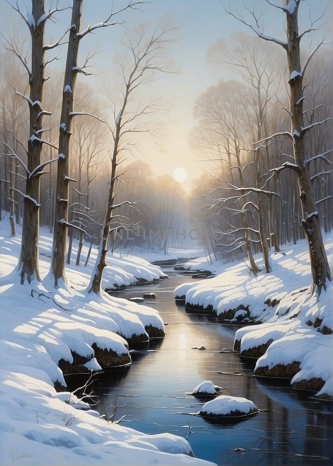 Stream in the winter forest. AI generated