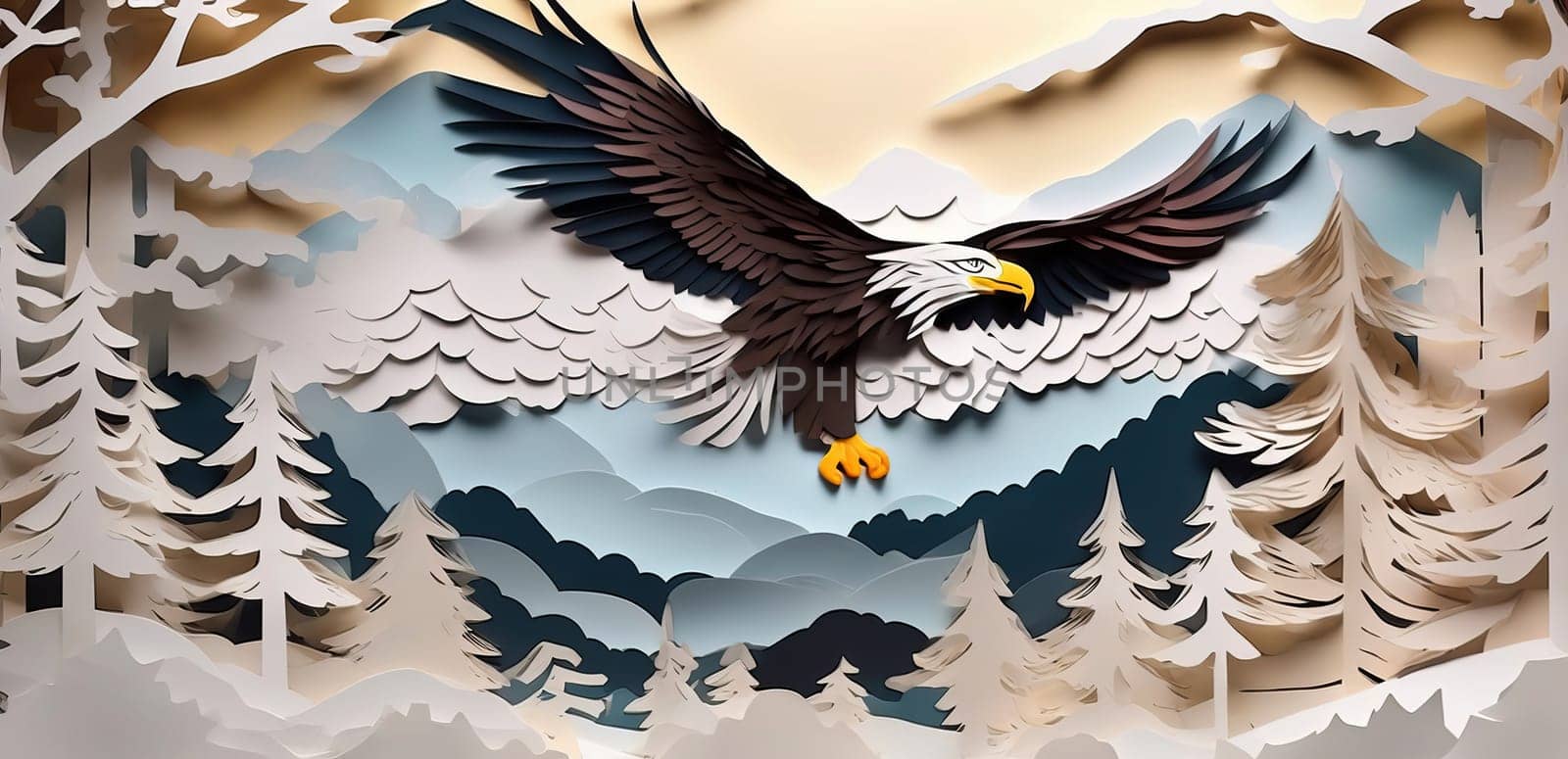 Flying eagle in the mountains. AI generated