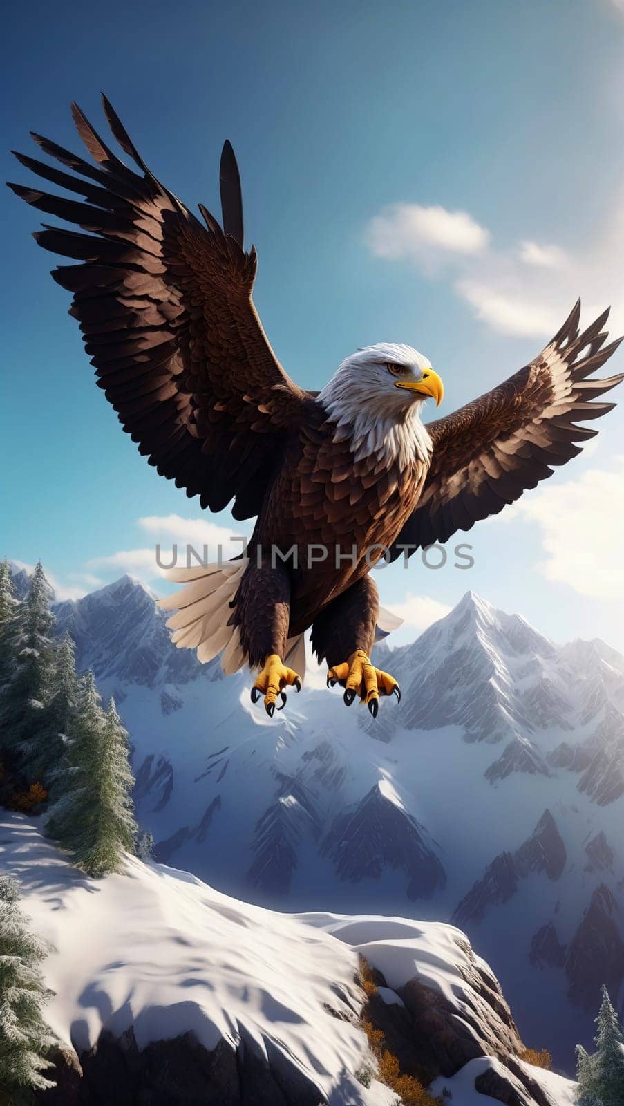Flying eagle in the mountains. AI generated