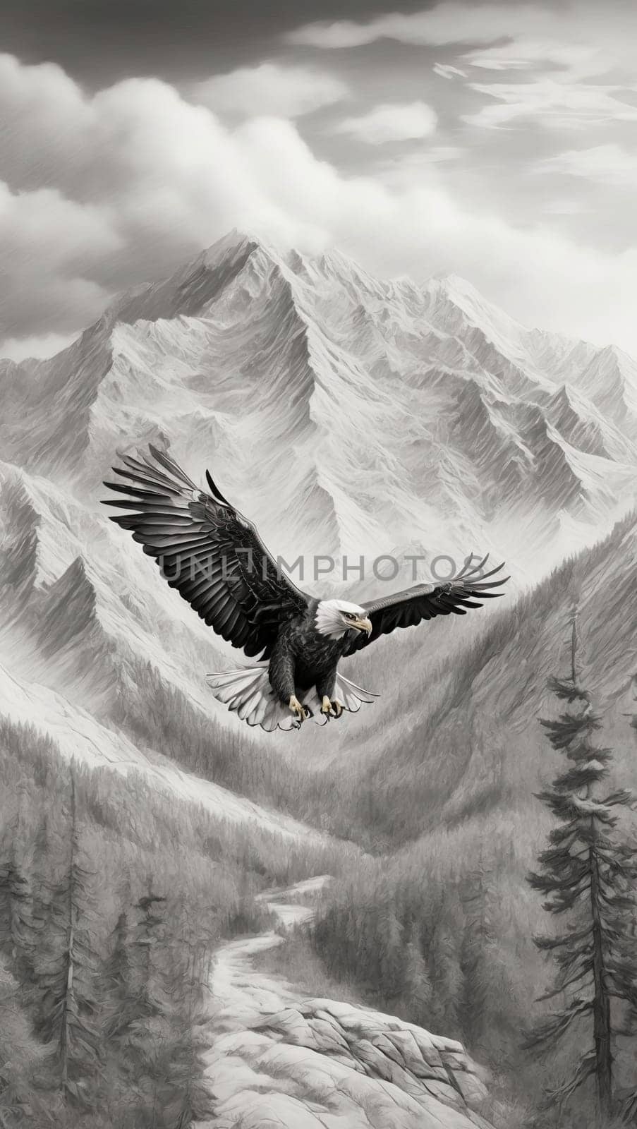 Flying eagle in the mountains by applesstock