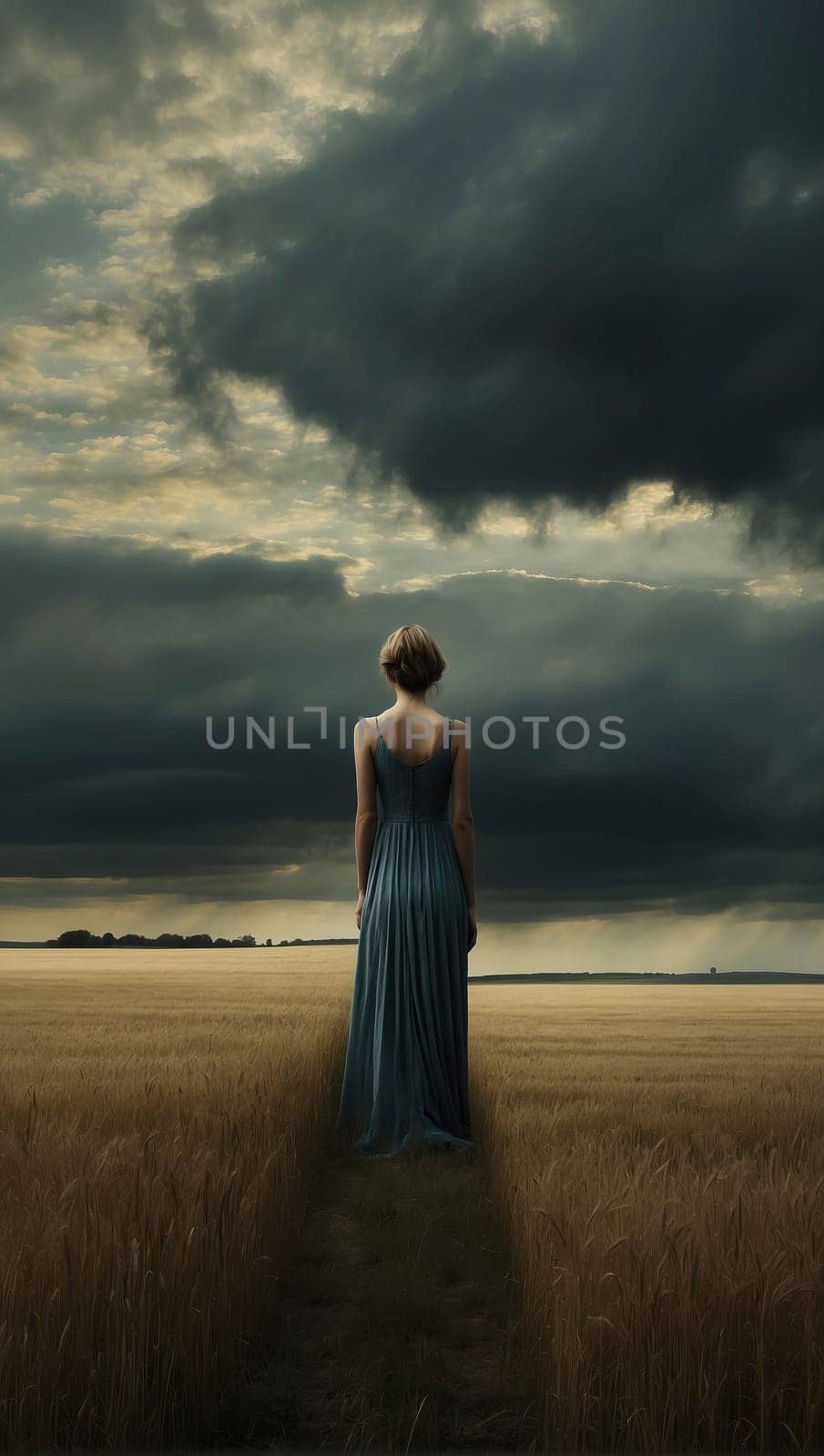 Beautiful girl in a wheat field. AI generated