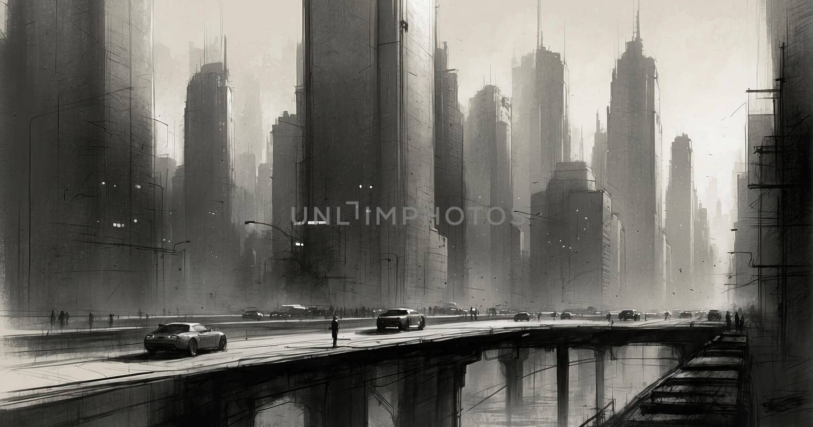 Rainy gloomy metropolis. AI generated