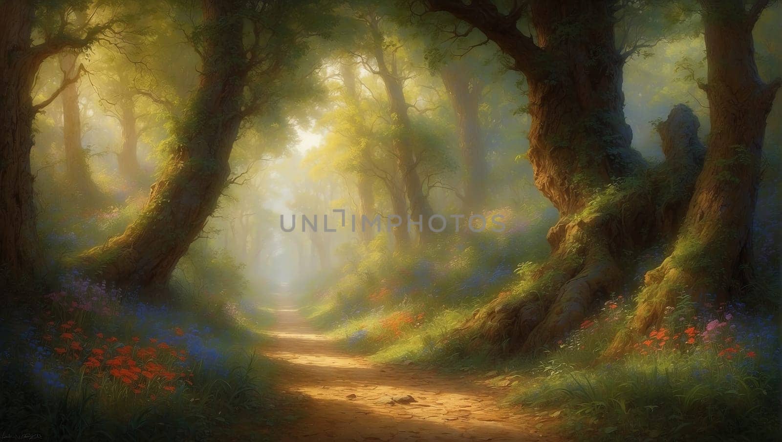 Sunrise in a magical forest by applesstock