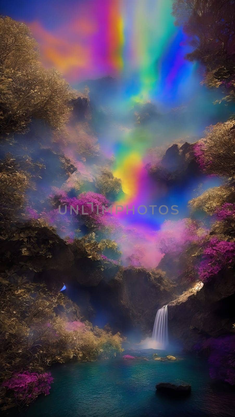 Rainbow waterfall in the mountains. AI generated