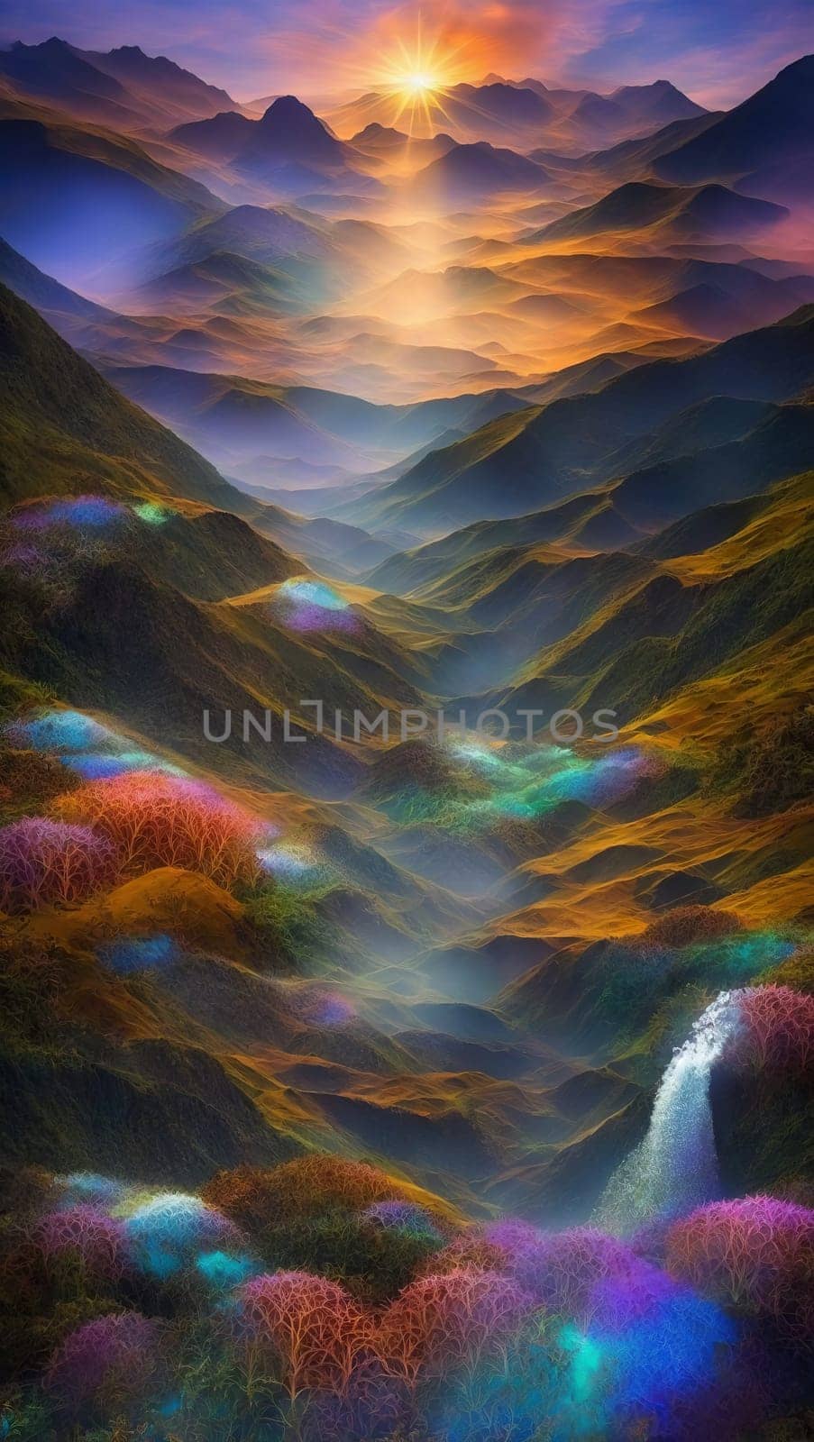 Rainbow waterfall in the mountains by applesstock