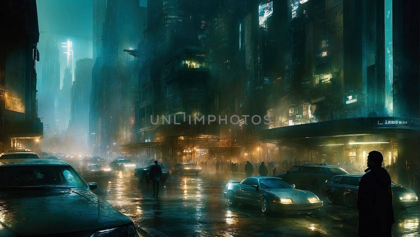 Rainy gloomy metropolis. AI generated