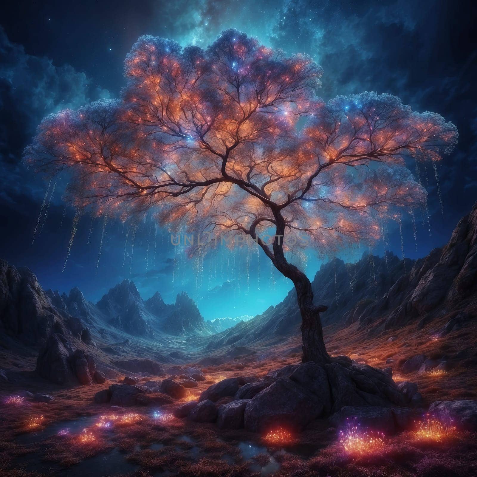 Magic tree in the light of the stars by applesstock