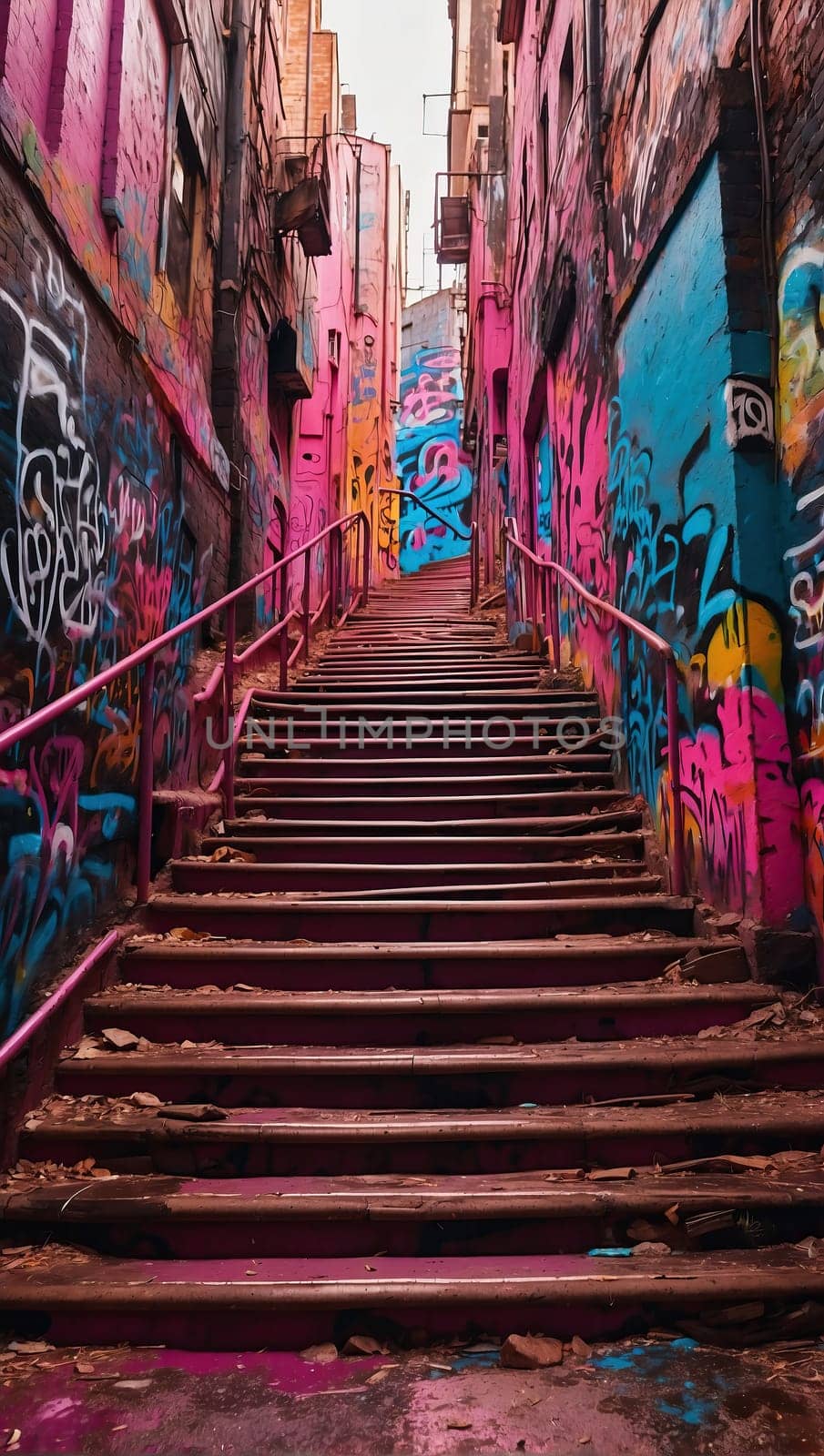 Stairs leading up a street with graffiti by applesstock