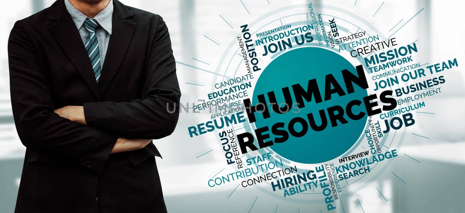 Human Resources Recruitment and People Networking Concept. Modern graphic interface showing professional employee hiring and headhunter seeking interview candidate for future manpower. uds