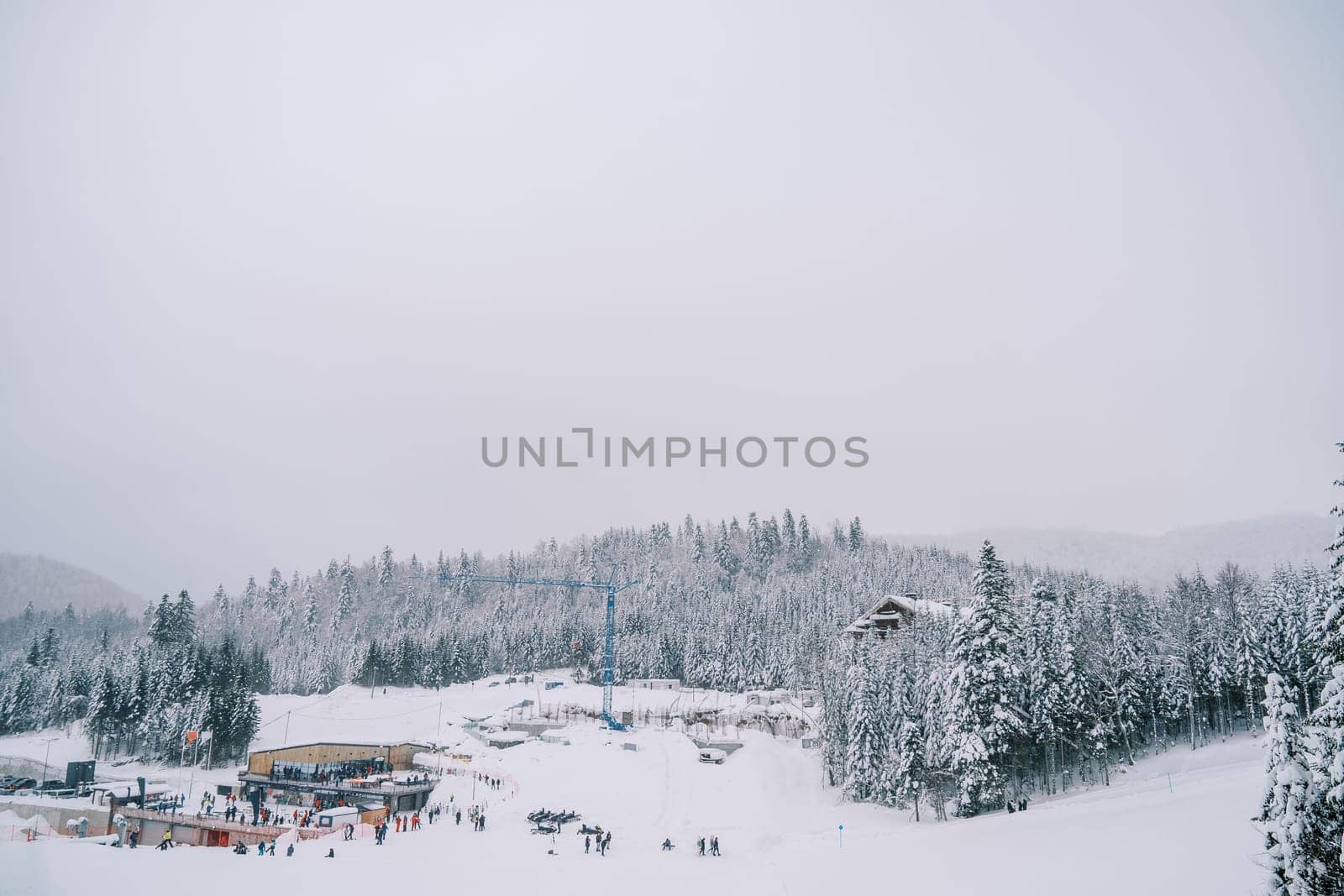 Skiers ride along the slope of the Kolasin 1600 ski resort. Montenegro. High quality photo