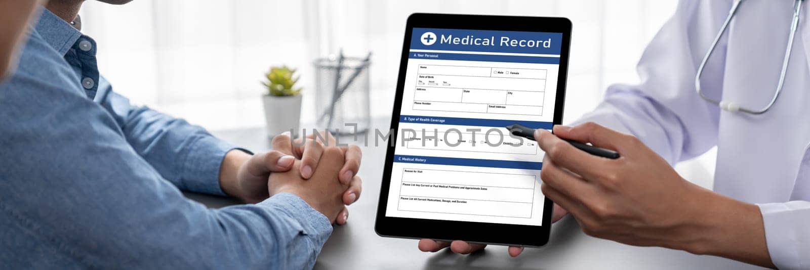 Doctor show medical diagnosis report on tablet to young couple. Neoteric by biancoblue