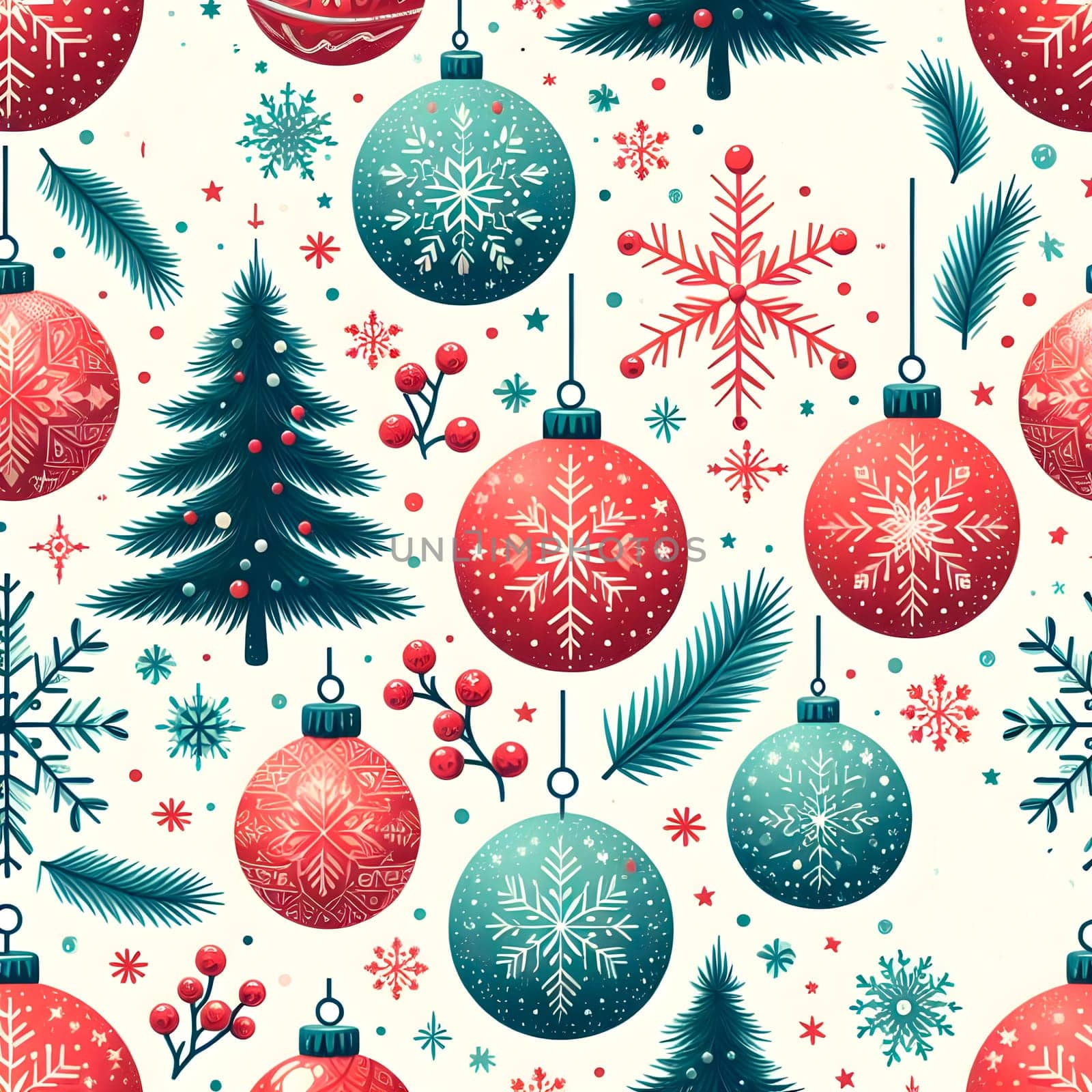 New year pattern.Christmas decoration with balls,fir tree and snowfalls on white background.