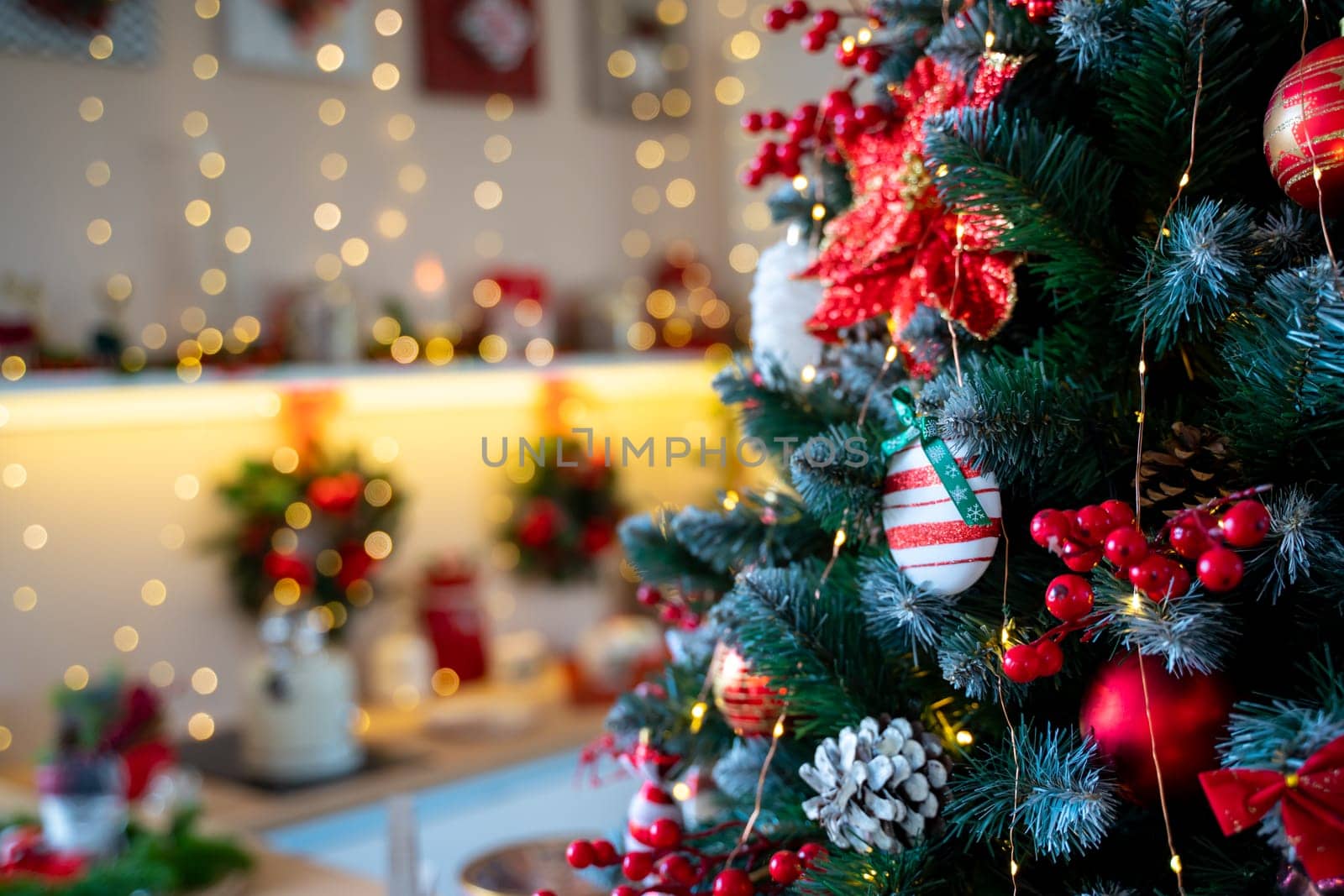 Christmas Tree with Decoration On A Winter Background With Bright Lights by Matiunina