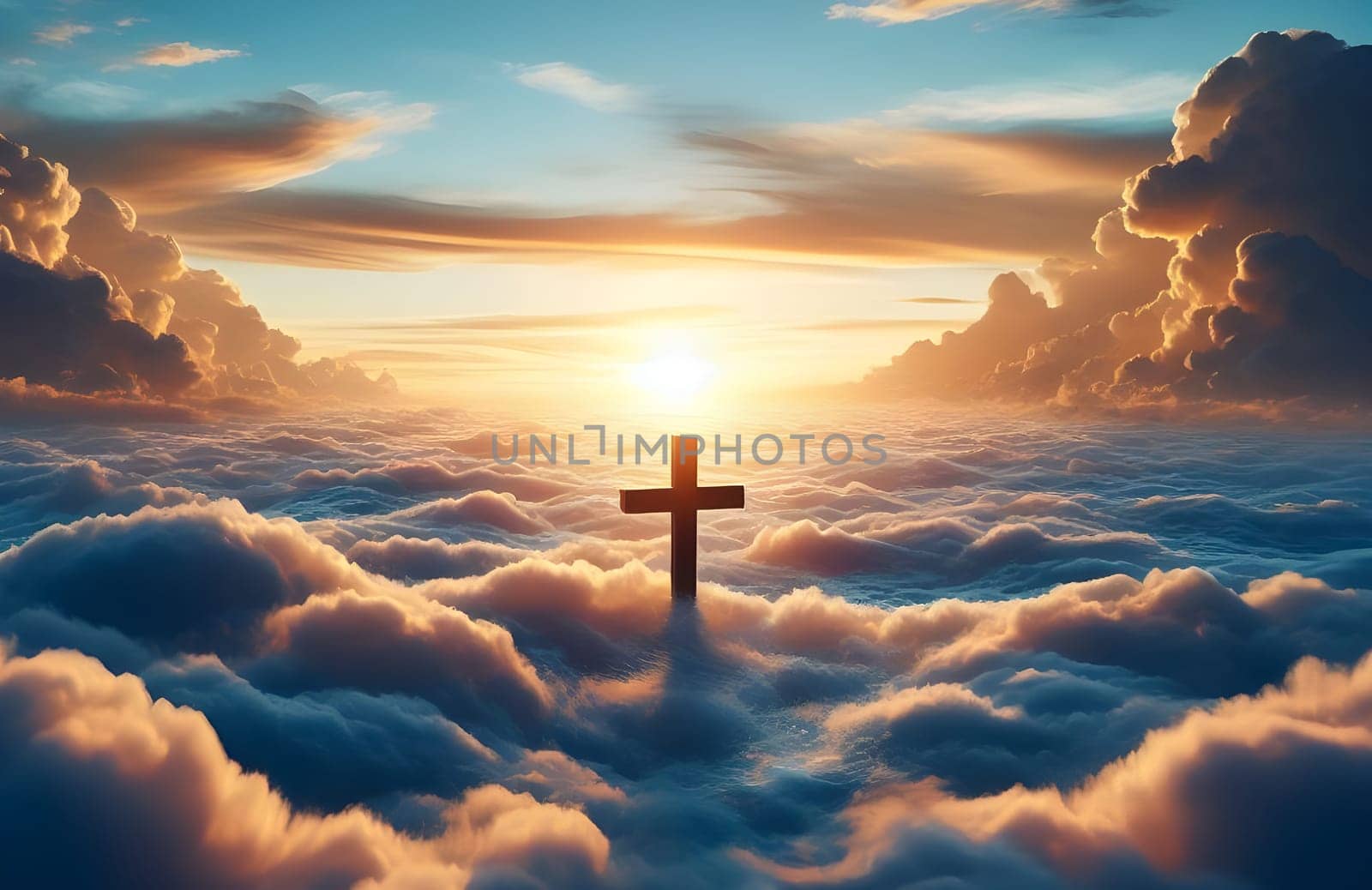 Religious cross standing on clouds,on sunset by andre_dechapelle