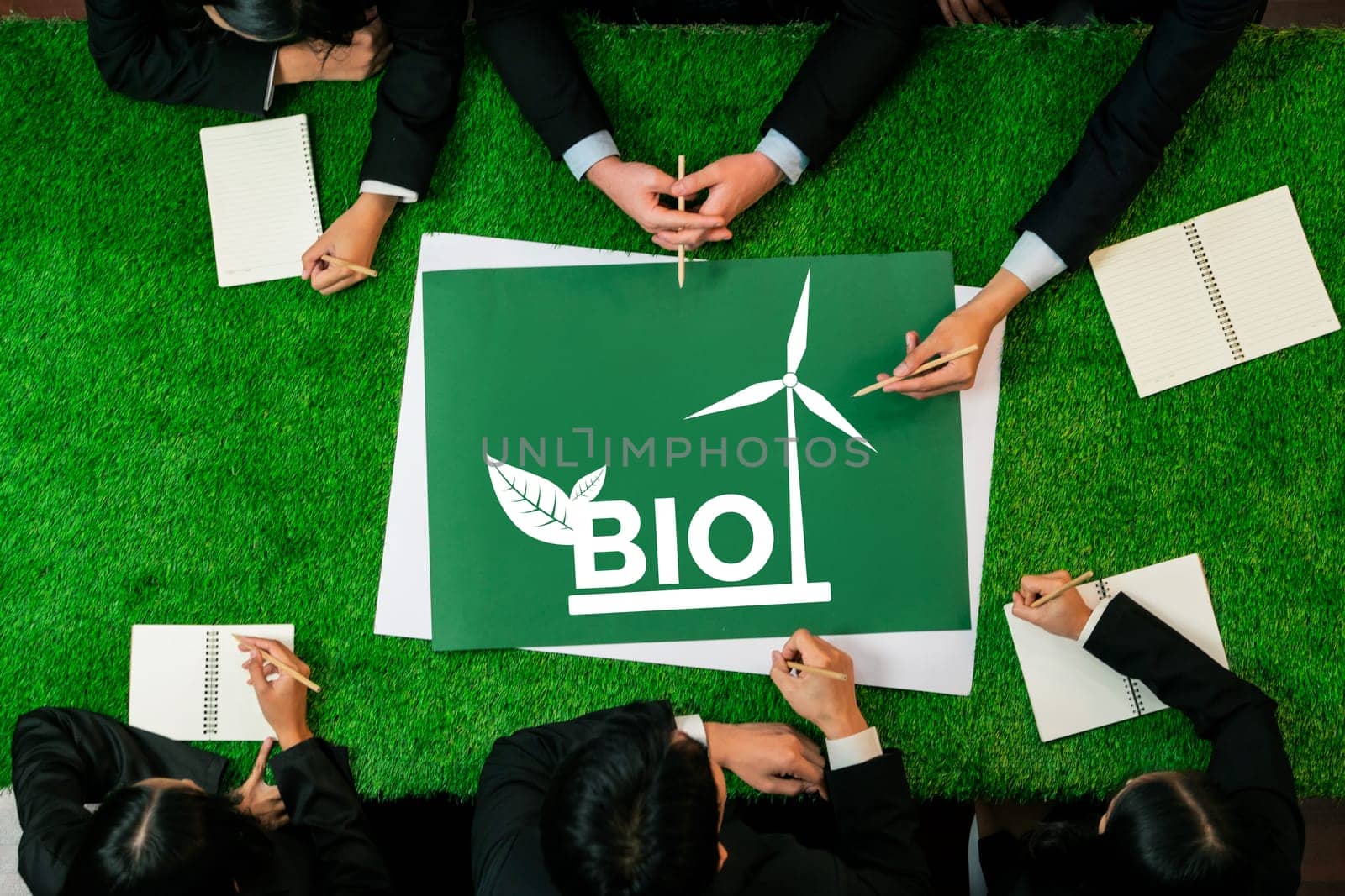 Top view panorama banner group of business people planning for alternative net zero energy utilization for greener sustainable Earth with bio technology to reduce CO2 emission. Quaint