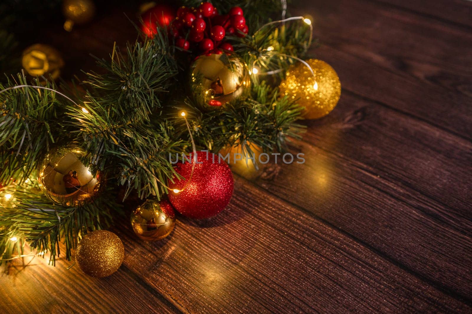 Christmas Decoration Over Wooden Background. Decorations over Wood, Copy-space.