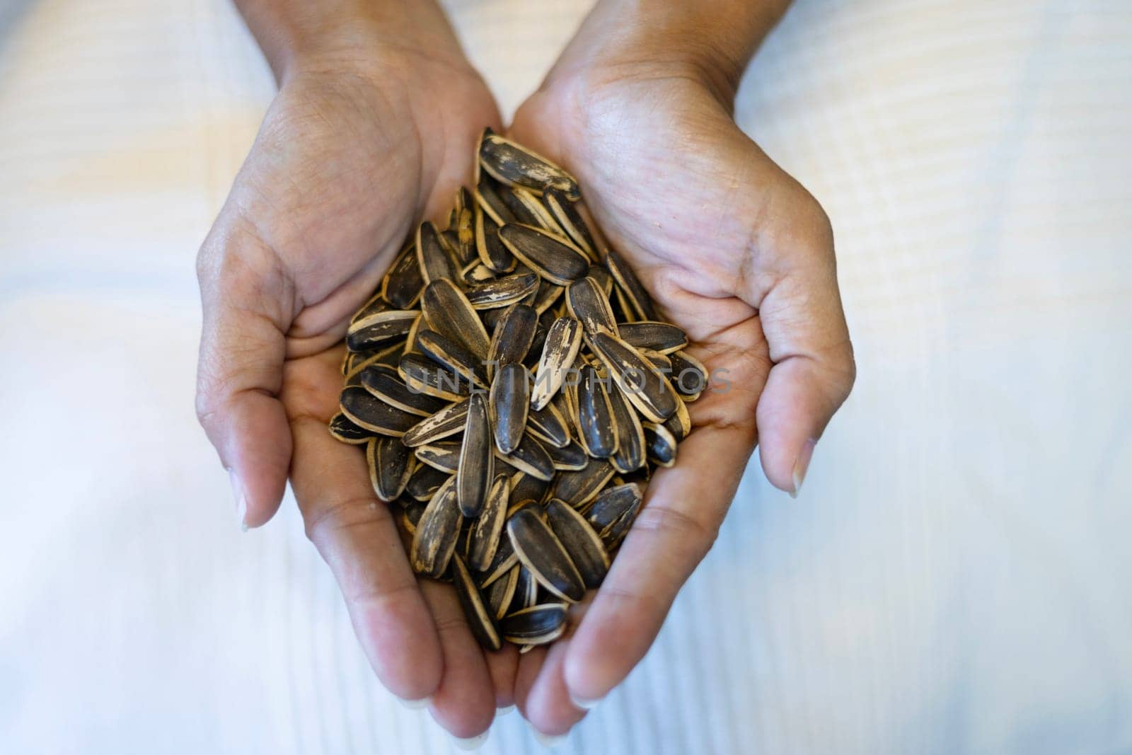 Handful of rich sunflower seeds. Close-up view of roasted sunflower seeds. Woman holding a pile of sunflower seeds.