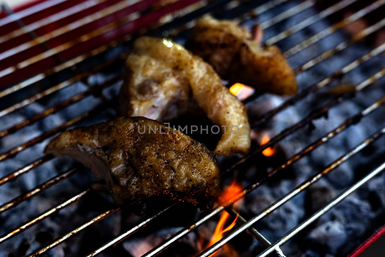 close-up of a steak on a grill. Barbecue Meat On Outdoor Grill.