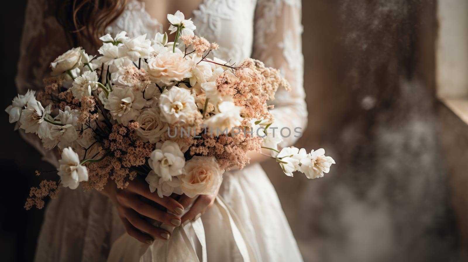 woman holding a wedding bouquet flowers, ai