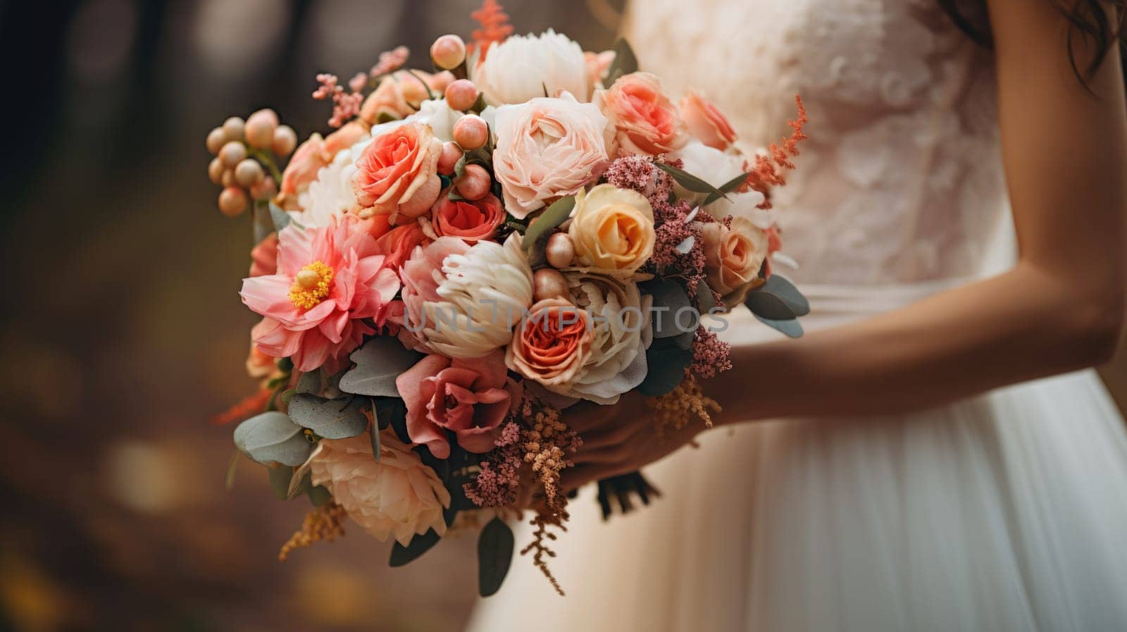 woman holding a wedding bouquet flowers, ai