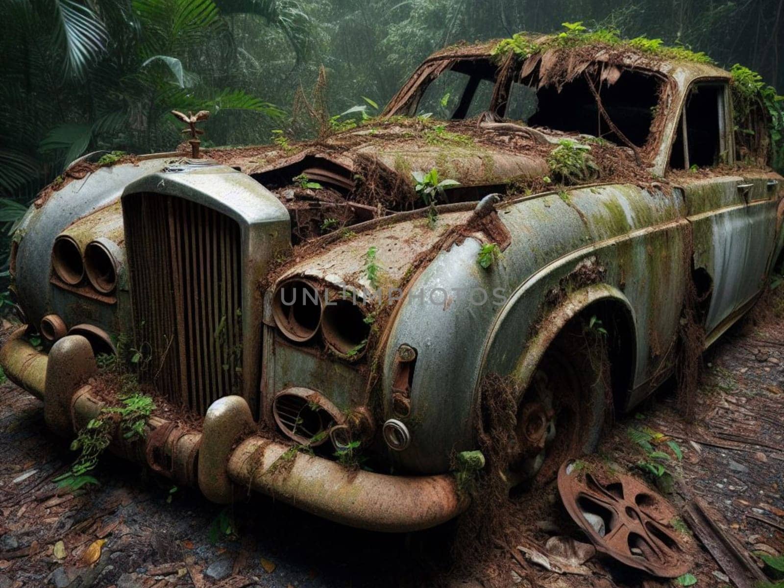 Abandoned rusty expensive atmospheric deluxe sedan car limo as circulation banned for co2 emission 2030 agenda , severe damage, broken parts, plants overgrowth bloom flowers. ai generated