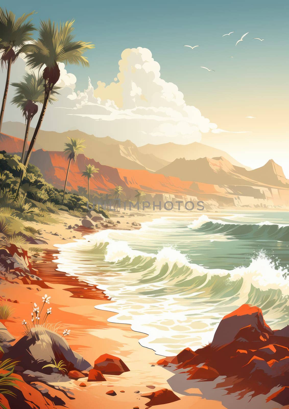 Serene Sunset Over Tropical Beach: A Vibrant Illustration of a Lush Jungle Meeting a Golden Hour Sky, with a Tranquil Coastline, Crystal Blue Seas, and Palm Trees - a Perfect Vacation Destination by Vichizh