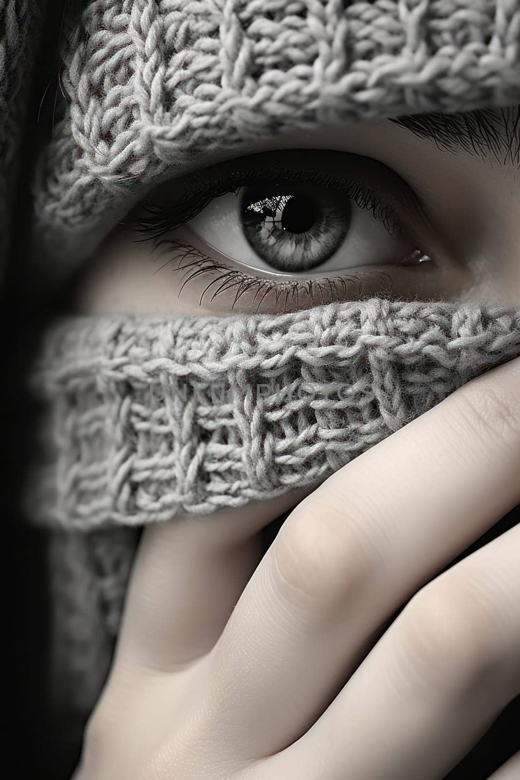 Female Beauty in White: Close-up Portrait of a Young Woman with a Black Scarf, Looking Through Knit Blue Veil in Handmade Ethnic Fashion.
