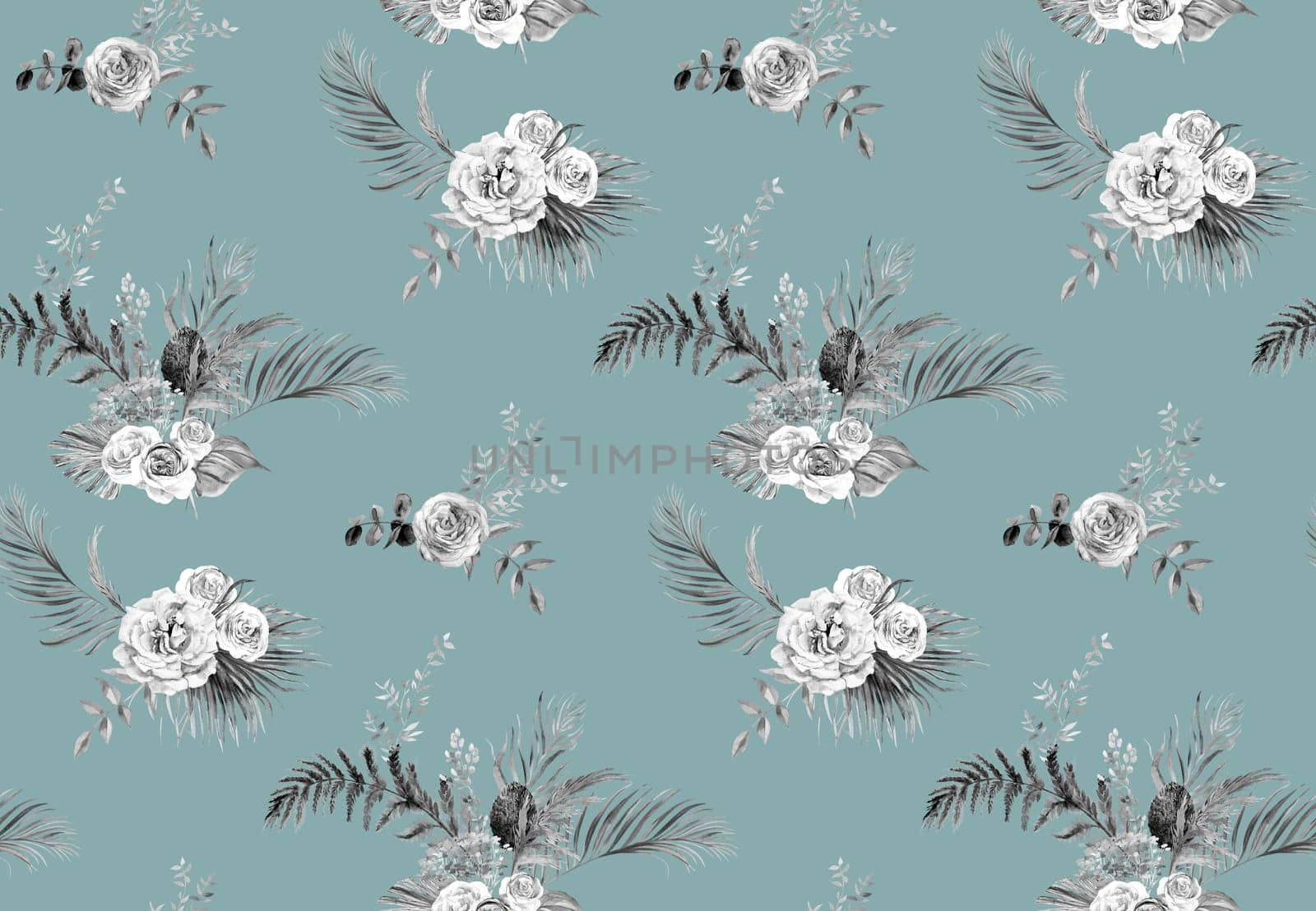 Watercolor seamless botanical monochrome pattern with dry palm leaves and roses and dried flowers on a turquoise background for textile and surface design
