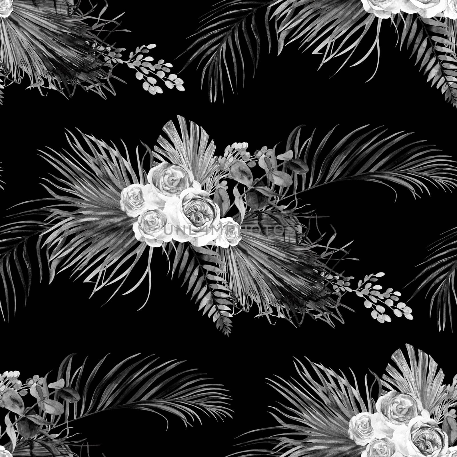 Seamless black and white pattern with a Bouquet of roses and tropical dried flowers in Boho style painted in watercolor