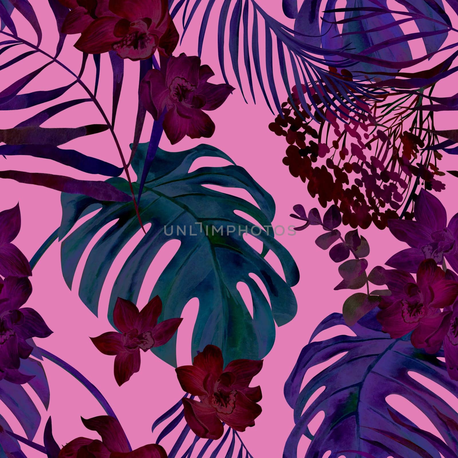 Seamless bright tropical pattern with orchid flowers and monstera leaves. Botanical pattern for textile and surface design