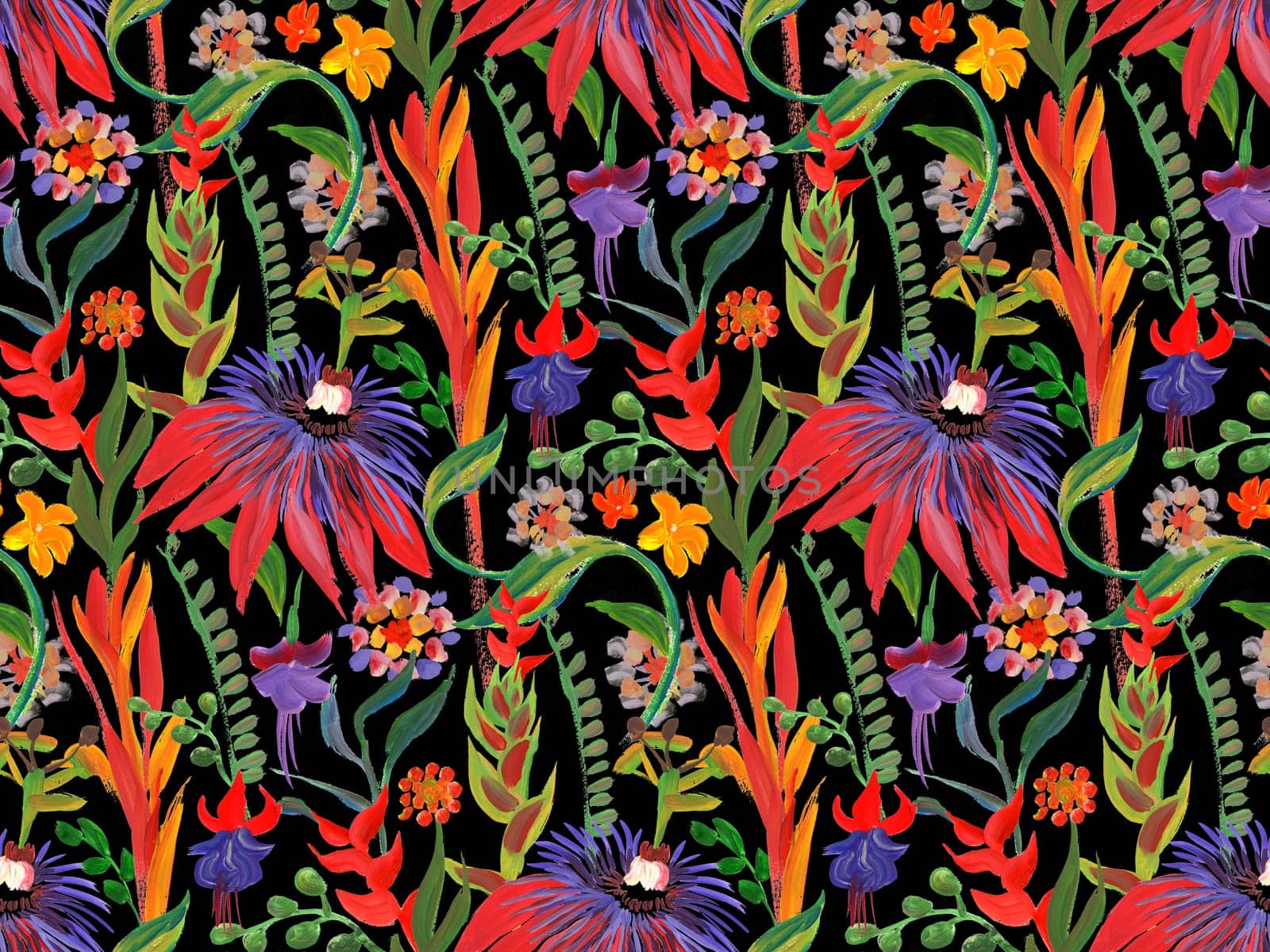 Seamless art pattern with bright tropics in red flowers painted with gouache in dry brush by MarinaVoyush