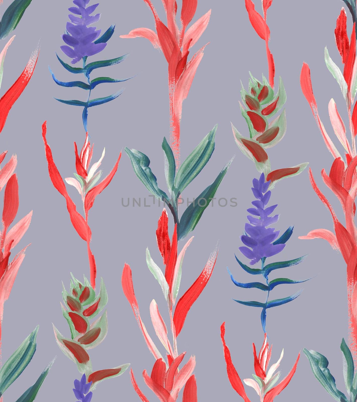 Seamless pattern with bright tropics in vertical colors on a light background, painted with gouache by MarinaVoyush