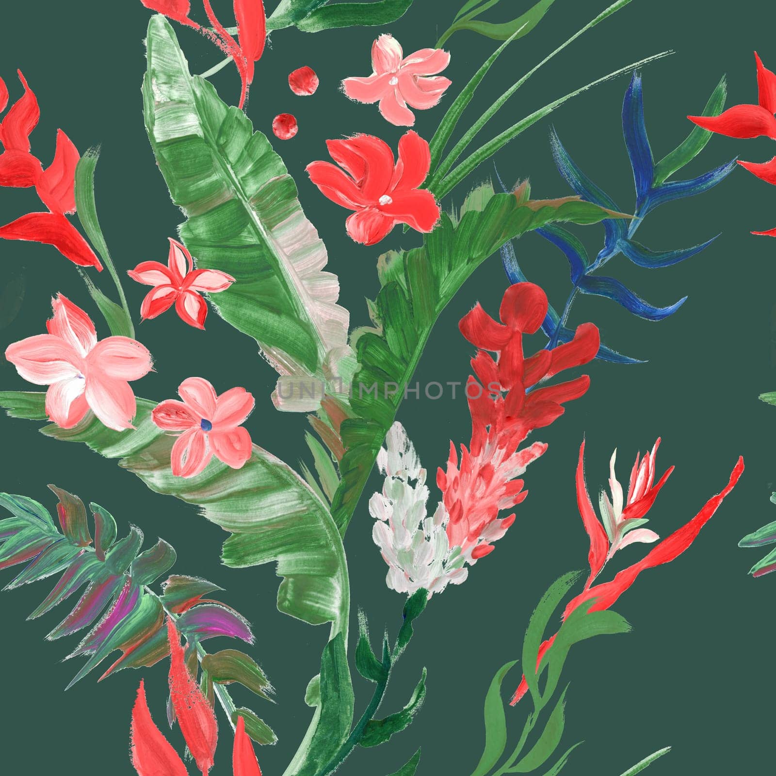 Seamless pattern with bright red tropical flowers and plants for summer textile
