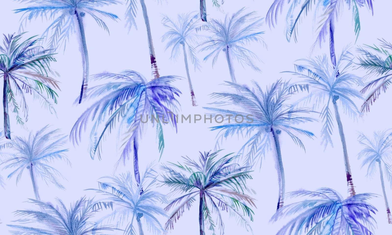 Subdued tropics on a lilac pattern with coconut trees painted in watercolor for textiles and surface design