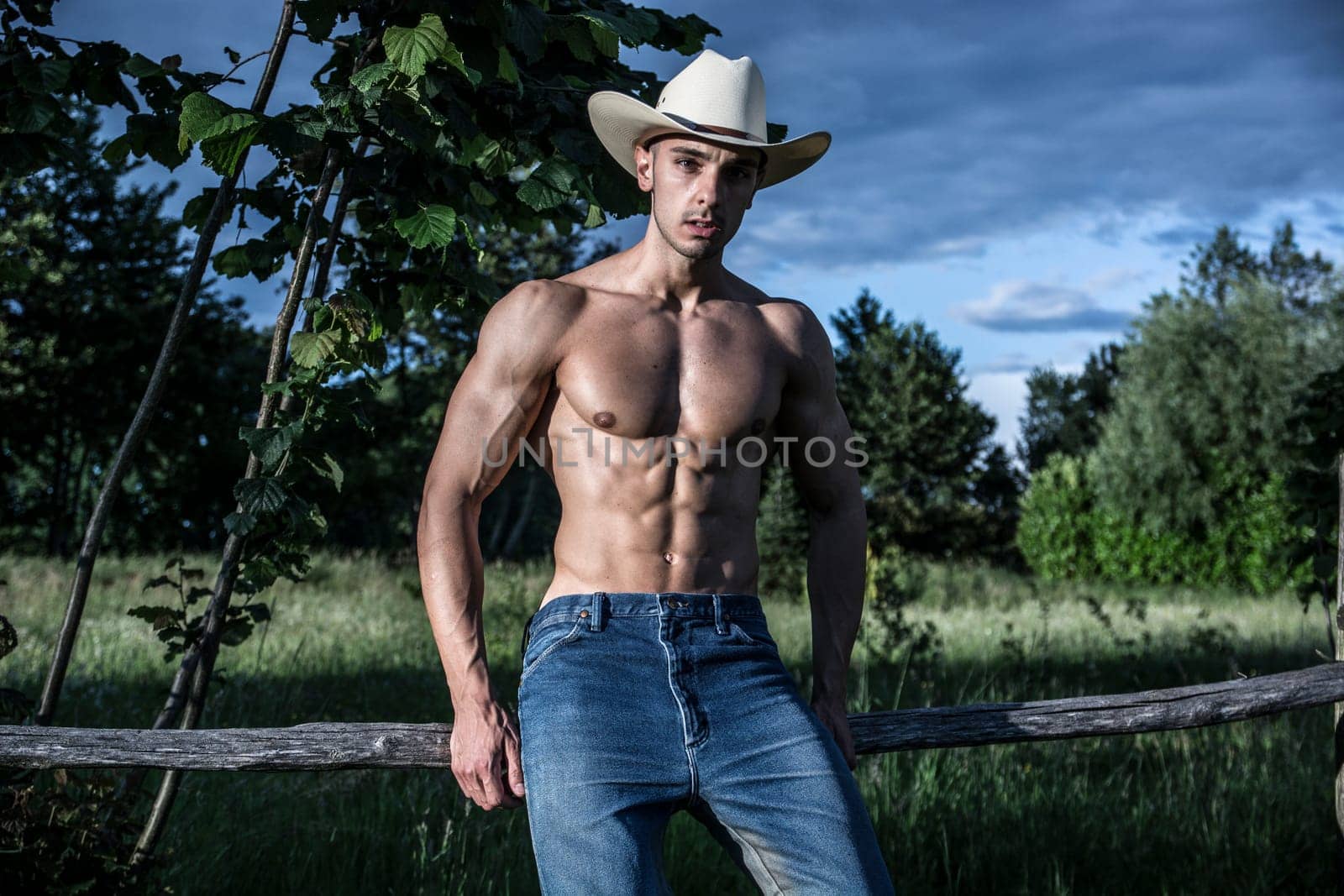 Sexy farmer or cowboy next to hay field by artofphoto