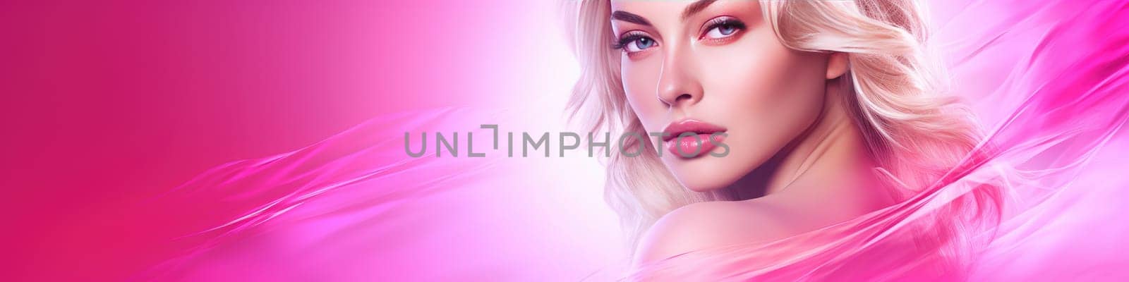 Portrait of beautiful woman with a bright pink background as banner, pink color concept