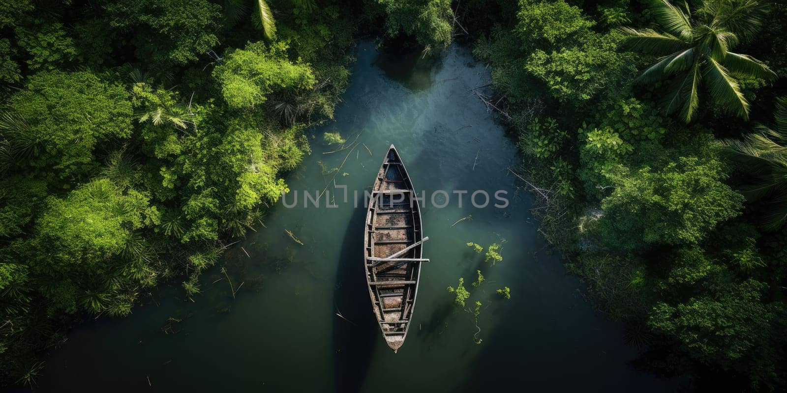 Top view to abandoned boat on the river in the forest or jungle by Kadula